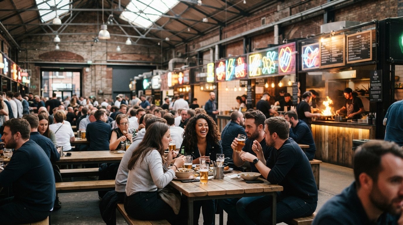 the Baltic Market street-food hall inside Cains Brewery Village, long communal tables, neon signage and traders serving under warehouse beams