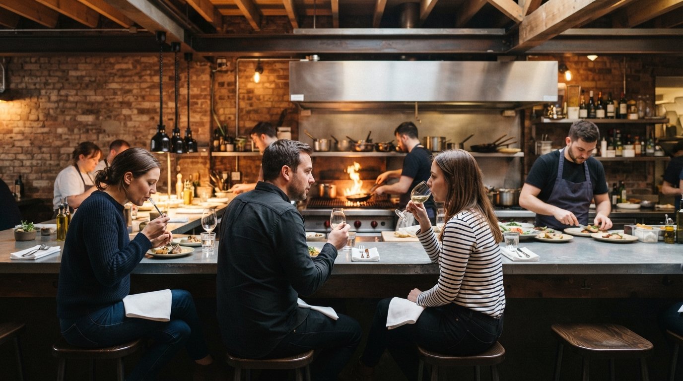 the dining room at Manifest on Watkinson Street, counter seats facing the open kitchen in a converted warehouse
