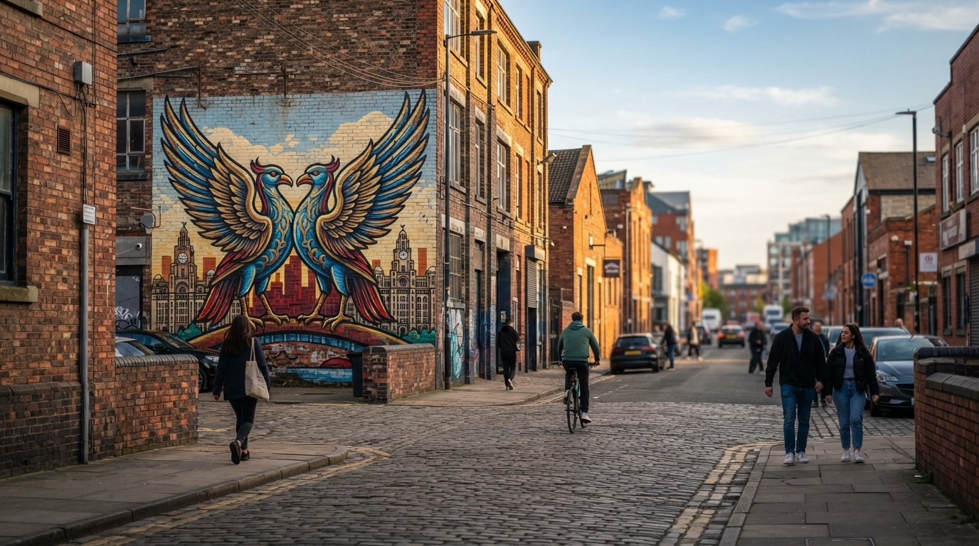 the Liverpool Liver Birds wings mural on Jamaica Street, framed with a wide street view and late-afternoon light