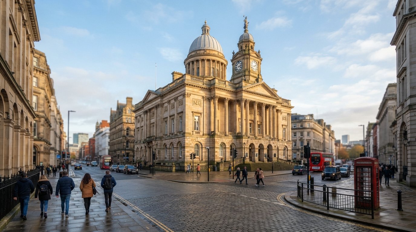 Liverpool Town Hall at the junction of Dale Street, Castle Street, High Street and Water Street, its pale Georgian stone glowing in soft morning light