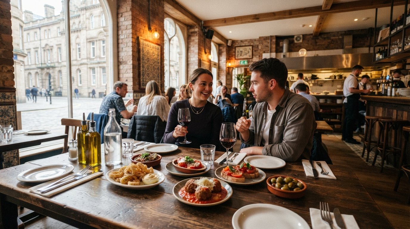 a bright Castle Street dining room at Bacaro with small plates of cicchetti on a table, daylight bouncing off the pale interior