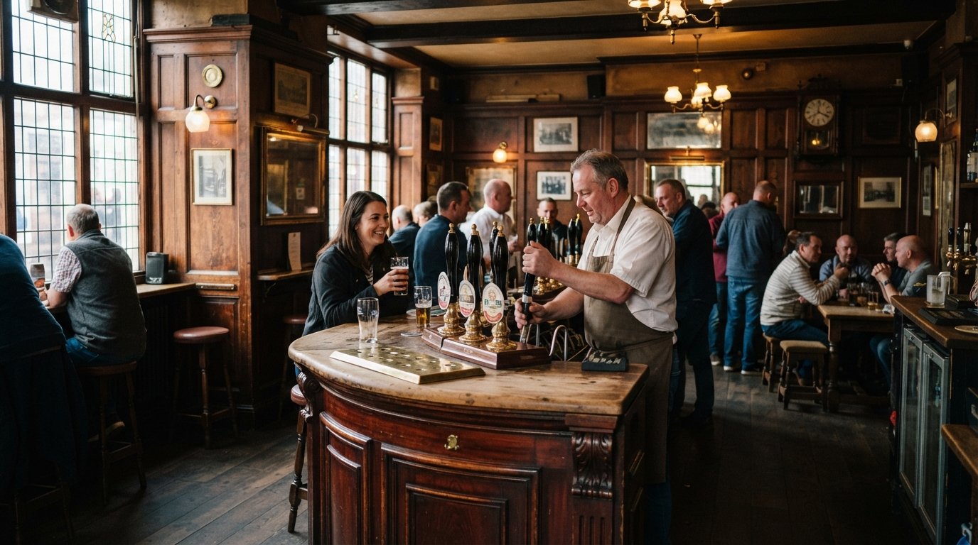 the wood-panelled interior of The Vernon Arms on Dale Street, cask pumps on the bar and warm light catching the timber