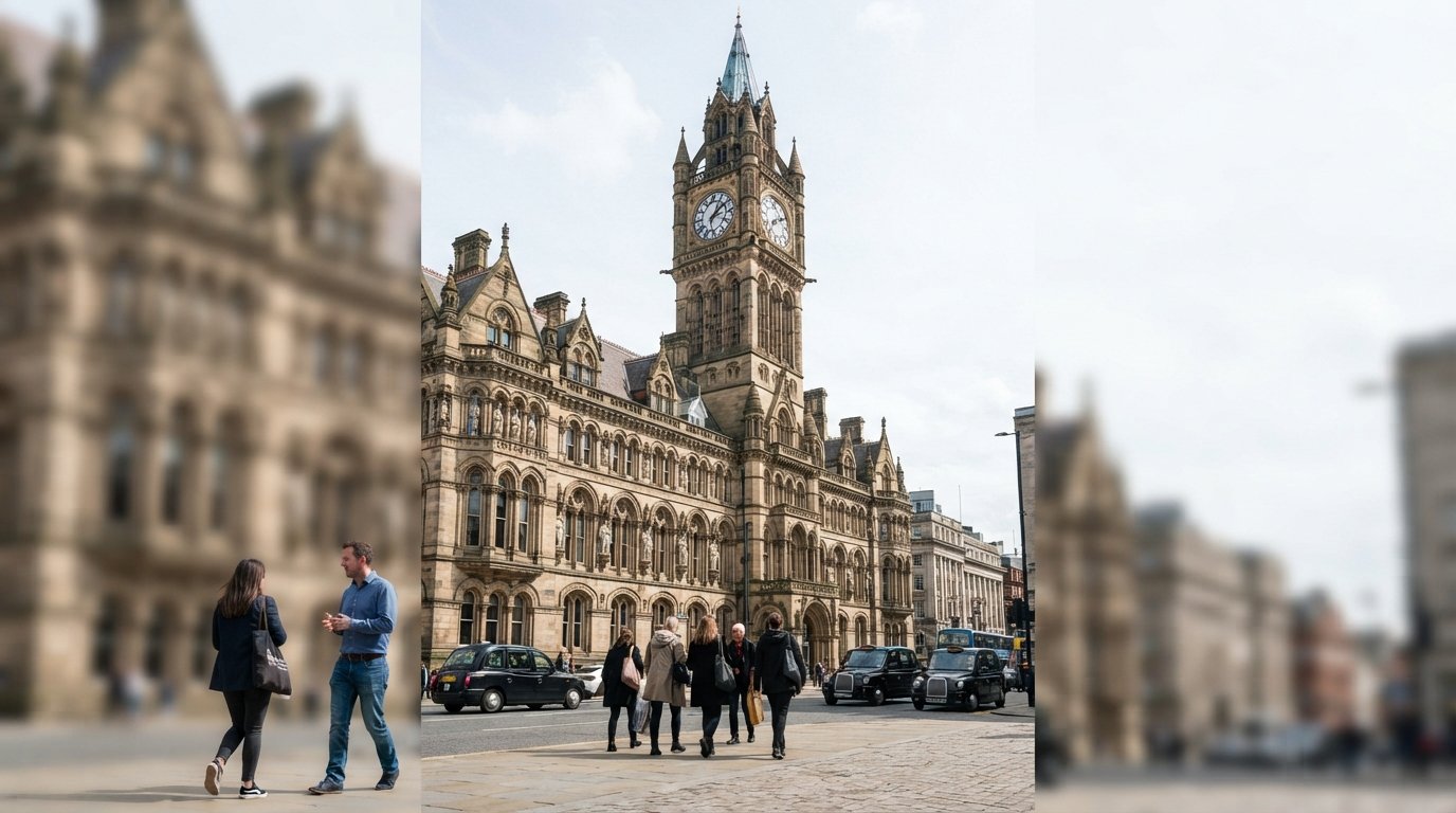 the former Municipal Buildings on Dale Street, showing the 210-foot clock tower and sandstone statues against a pale sky