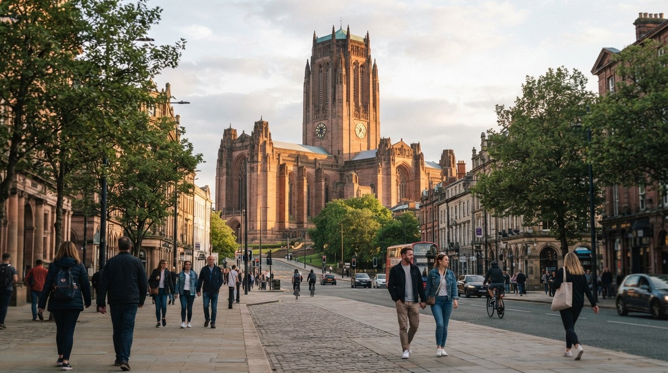 Liverpool Cathedral’s vast red-sandstone Gothic exterior rising above Hope Street at late afternoon, with the tower and buttresses catching soft light