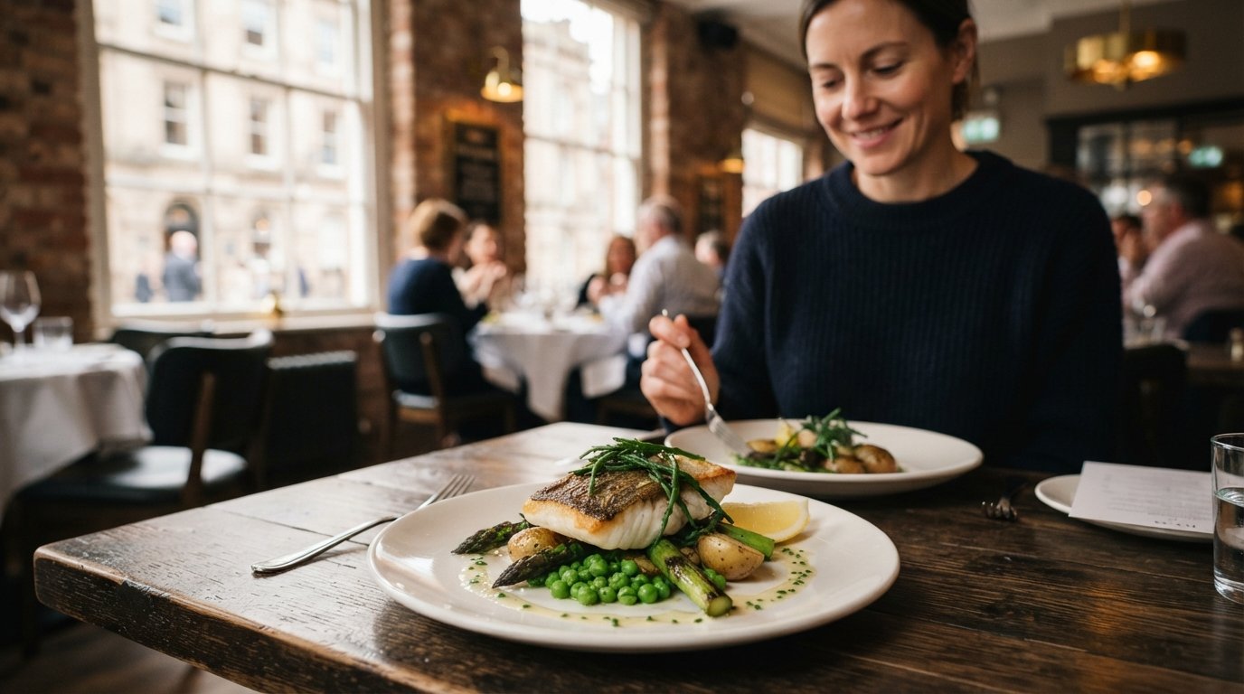 a refined seasonal British plate at The London Carriage Works inside Hope Street Hotel, elegant plating under warm dining-room lighting
