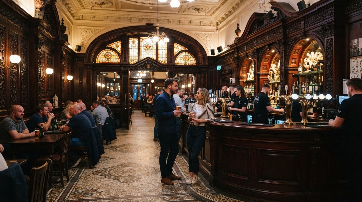 the ornate interior of The Philharmonic Dining Rooms on Hope Street, with carved mahogany, stained glass, mosaic floor and warm pub light