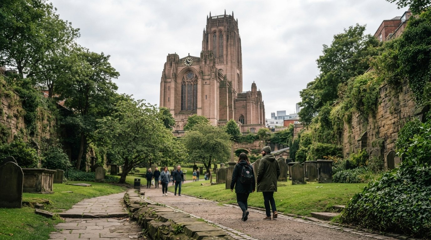 St James’s Gardens below Liverpool Cathedral, sunken green lawns and old stone edges framed by the cathedral walls in soft daylight