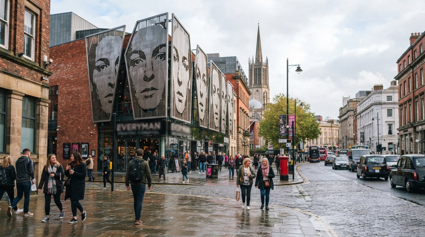 the Everyman Theatre on Hope Street with its portrait-cut façade and lively street scene outside in daylight