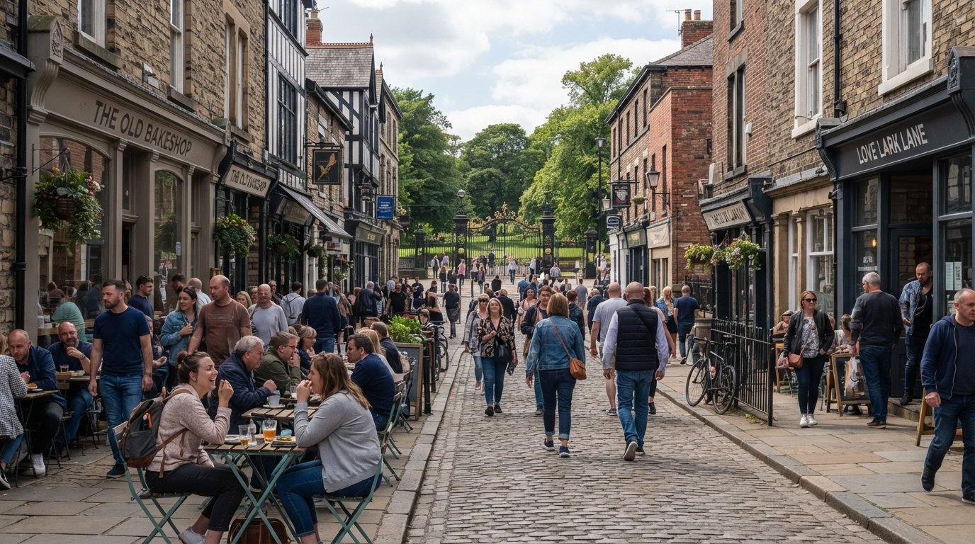 Lark Lane on a busy Saturday afternoon, independent cafés and pubs lining the narrow street as it slopes toward the Sefton Park gates