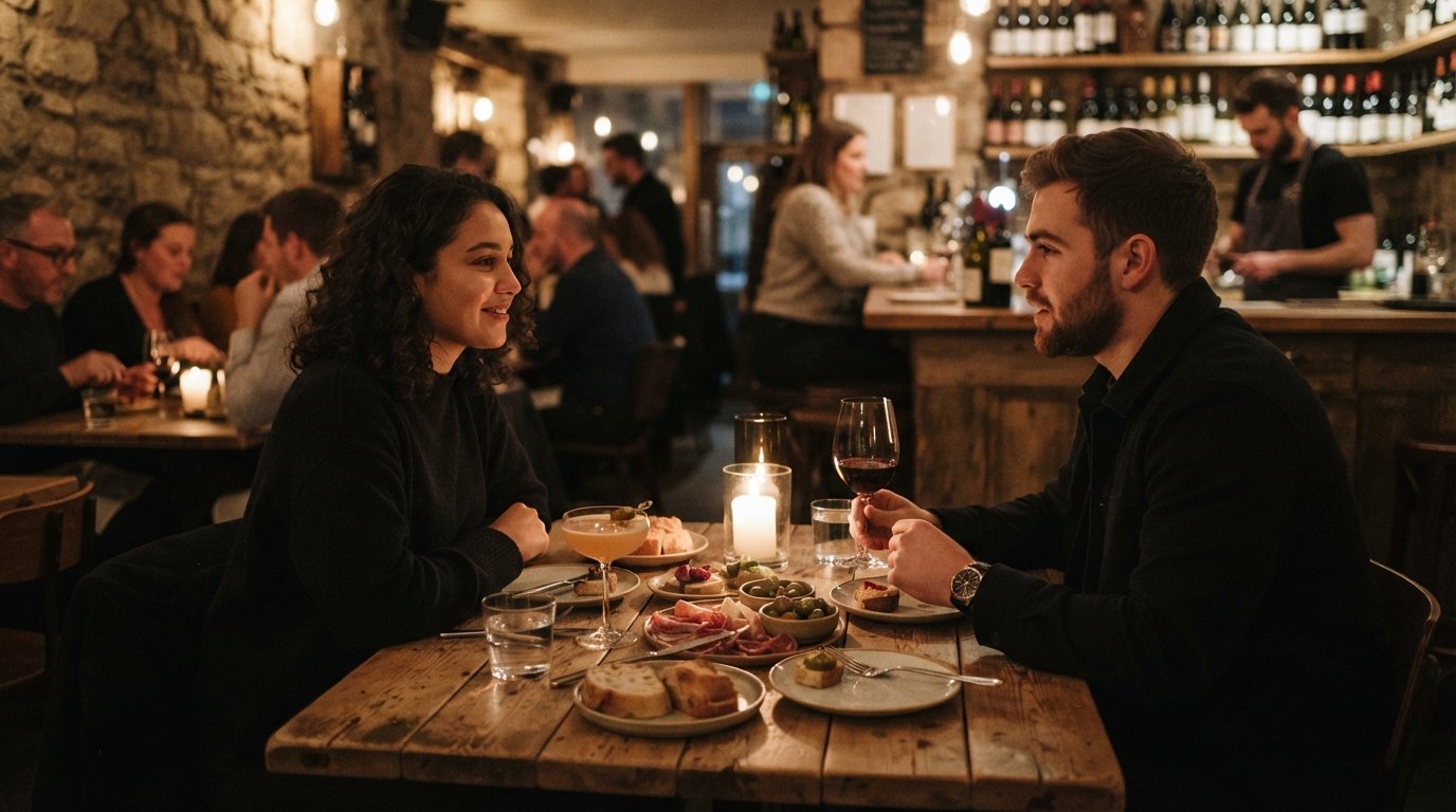 the candlelit interior of Polidor 68 with small plates and cocktails on a table, warm low light and wine-bar atmosphere
