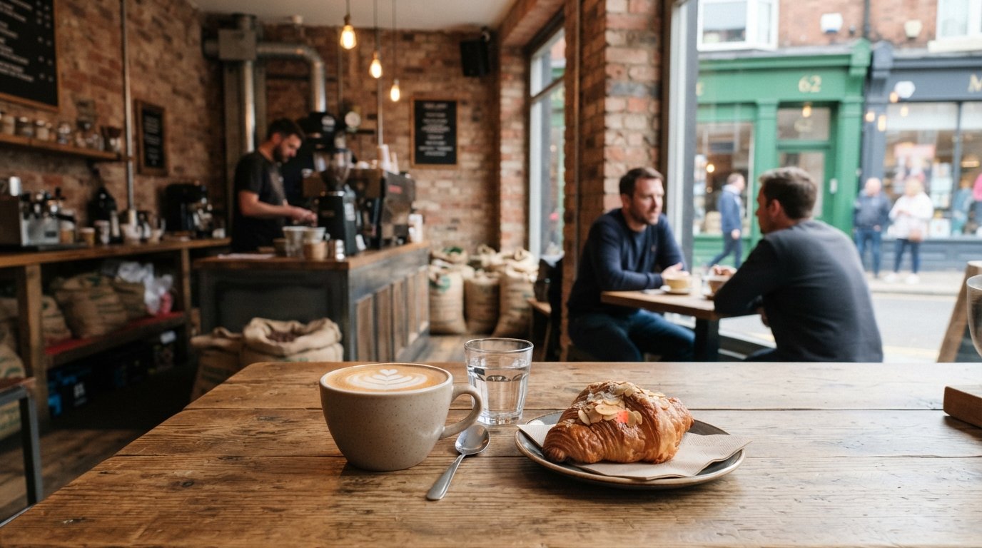 a flat white and pastry at Crosby Coffee Lark Lane, with the on-site roastery feel and the 62 Lark Lane frontage visible