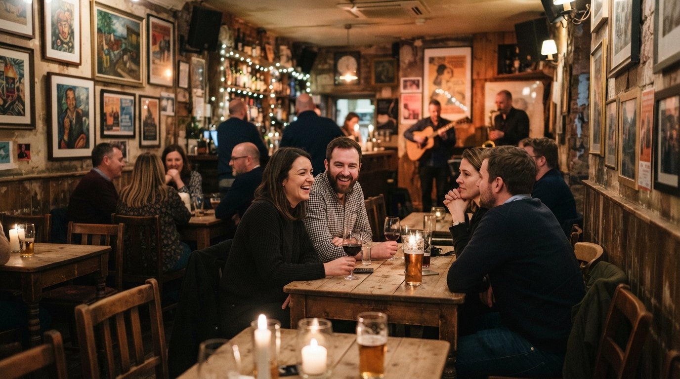 Keith's Food & Wine Bar at 107 Lark Lane in the evening, shabby-chic interior with local art on the walls and a jazz-night mood