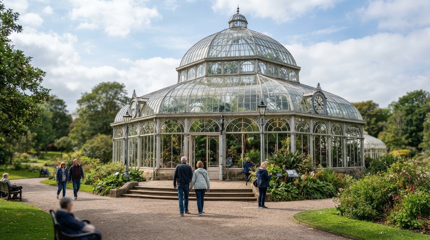 Sefton Park Palm House in daylight, the three-tier domed Victorian glasshouse glowing with tropical plants visible through the glass