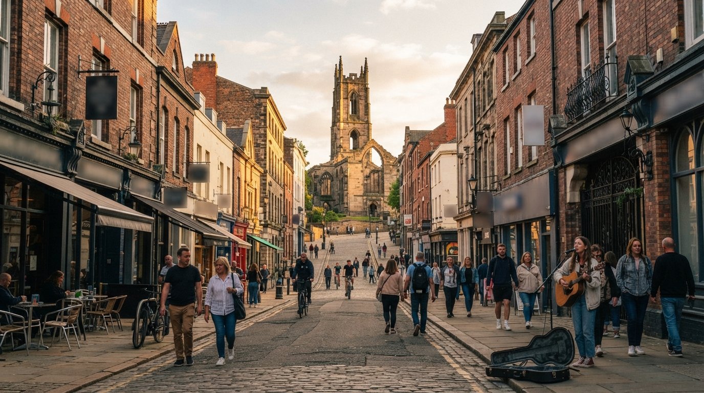 Bold Street in Ropewalks Liverpool looking uphill toward the Bombed Out Church, with independent shopfronts, buskers and brick warehouses in late-afternoon light