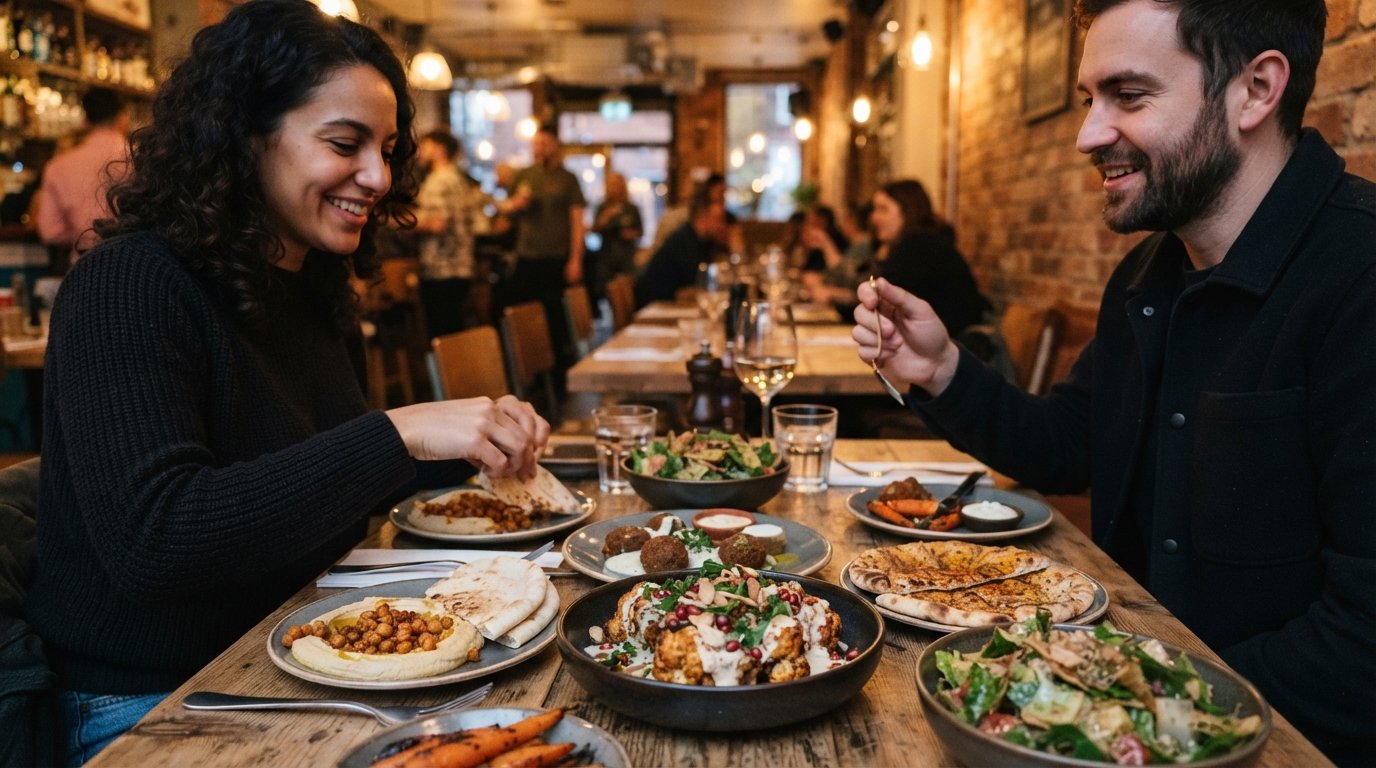 a table of Middle Eastern small plates at Maray on Bold Street, including the signature Disco Cauliflower on a shared dining table under warm restaurant lighting