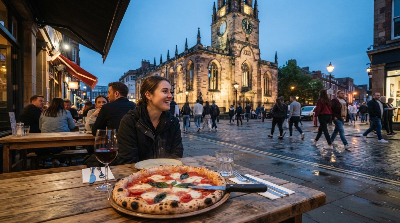 a Neapolitan pizza from Rudy's Pizza Napoletana with the Bombed Out Church visible opposite on Bold Street, evening street glow and busy pavement tables