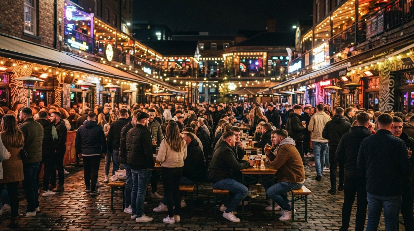 Concert Square at night in Ropewalks Liverpool, outdoor benches, covered courtyard bars and crowds gathered under bright signage and warm spill light