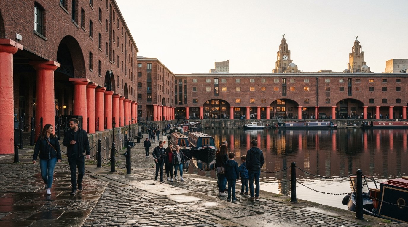 the Royal Albert Dock’s deep-red Victorian warehouses and cast-iron colonnades around still water, late afternoon light reflecting off the quay