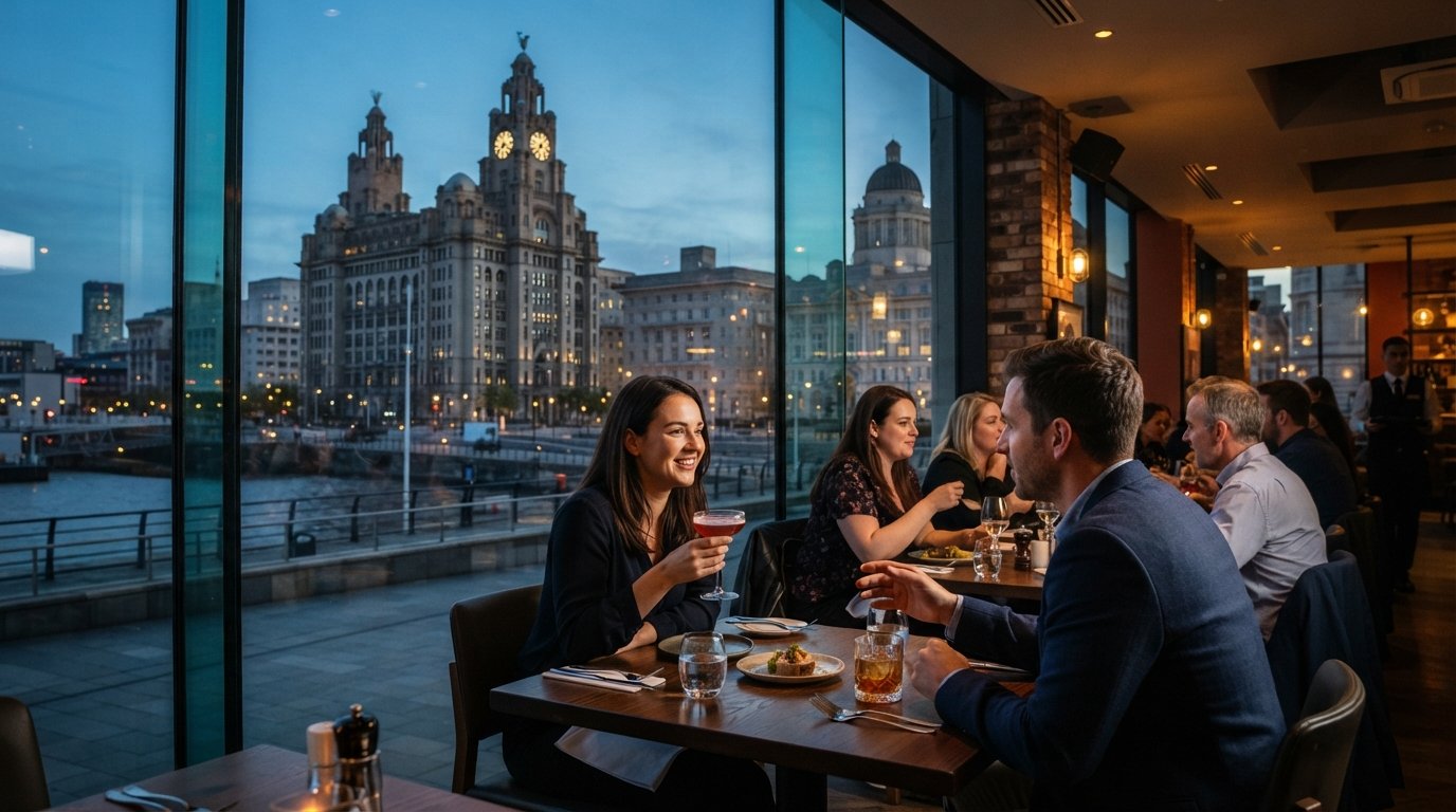 PANAM’s waterfront dining room with the Three Graces visible straight across the Mersey, cocktail glasses and evening light on the tables